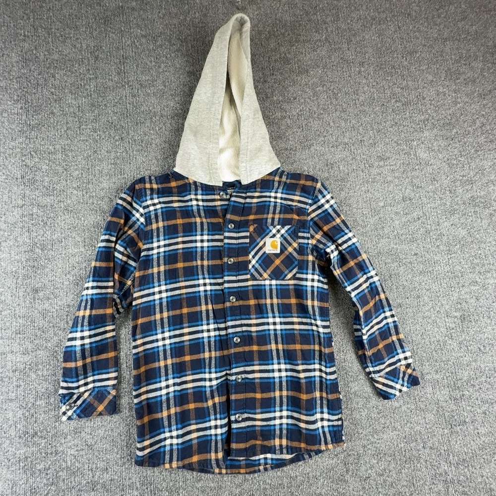 Carhartt Boys 14-16 Blue Plaid Hooded Flannel Button Up Shirt TW8190-B